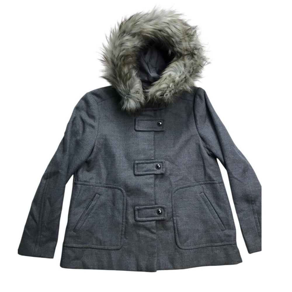 Zara Women‎ Gray Faux Fur Hood Toggle Coat Jacket Size M Classic minimalist